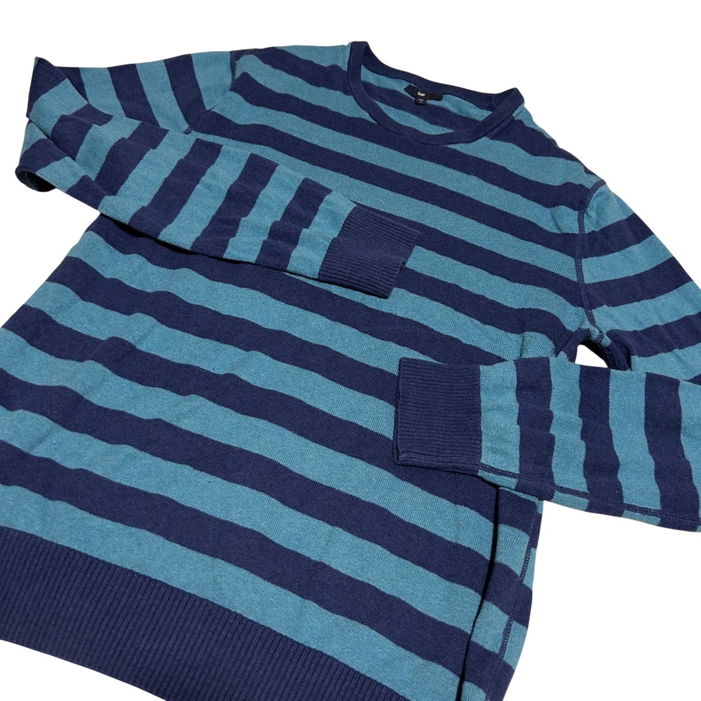 Gap Sweater Mens L Blue Striped Cotton Cashmere Blend Crewneck Long Sleeve